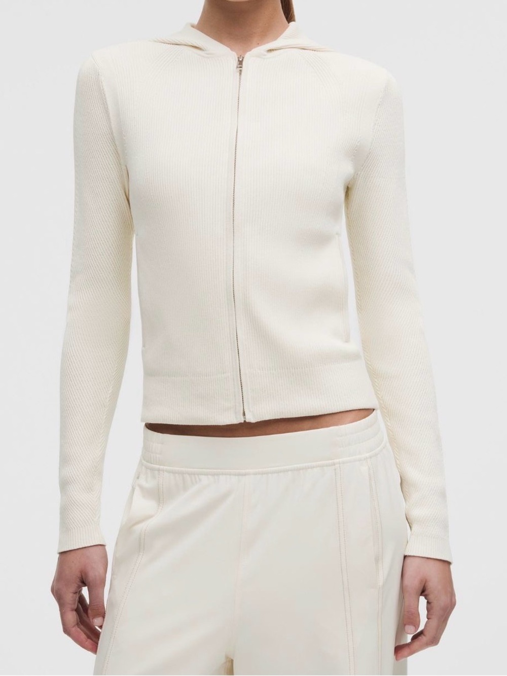 Cream Zip Front Hooded Long Sleeve Top